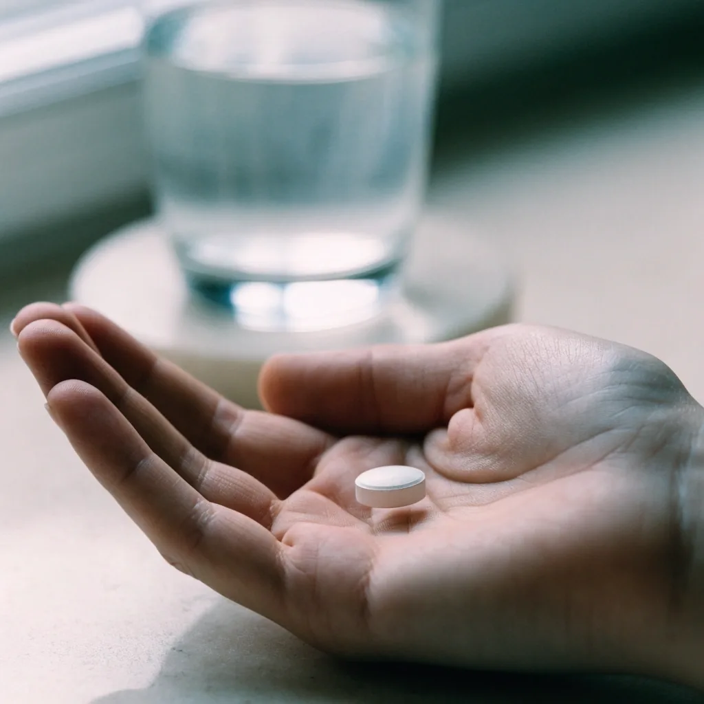 A single white tablet on the corner of a blank uncoated paper sheet on a pale matte surface