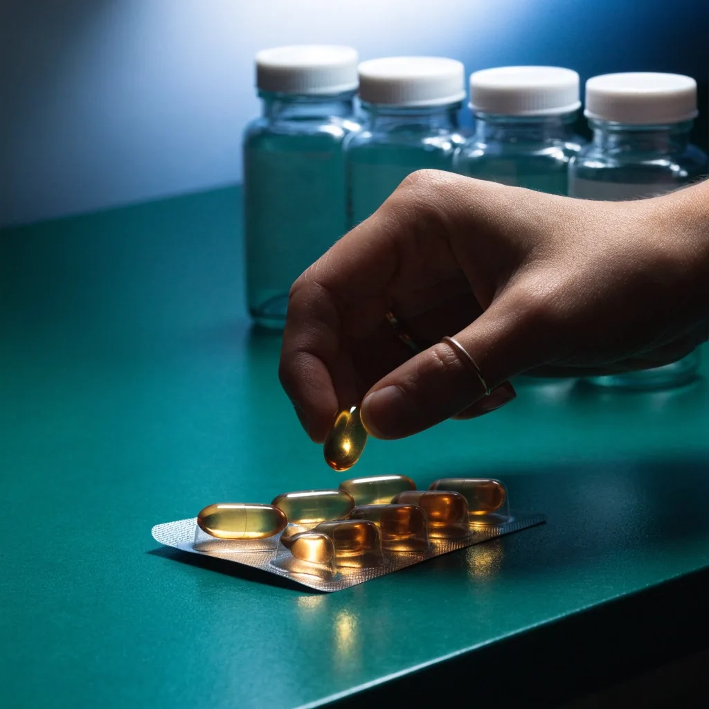 A single amber-tinted daily capsule resting on a matte emerald surface, with blank supplement bottles soft in the background