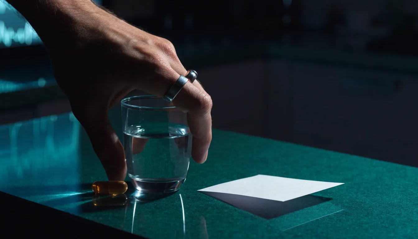 An evening kitchen counter on an emerald surface with one capsule beside a glass of water and a blank folded card