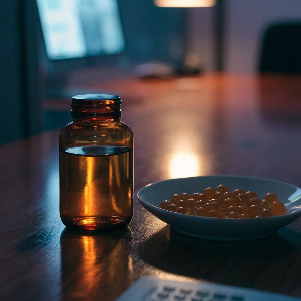 An editorial desk at night with a supplement bottle, loose capsules, and a blank notebook under cool light