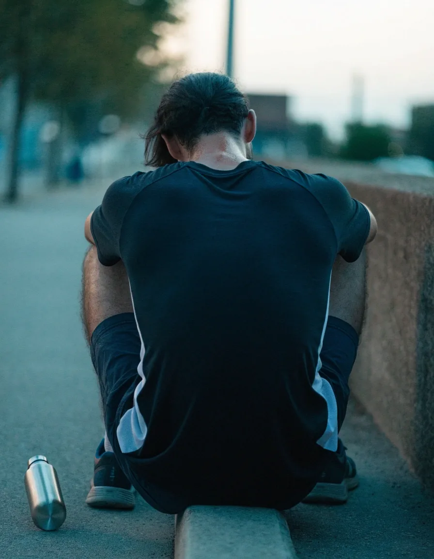 A runner moving along a quiet city street at dusk, seen from behind in cool light