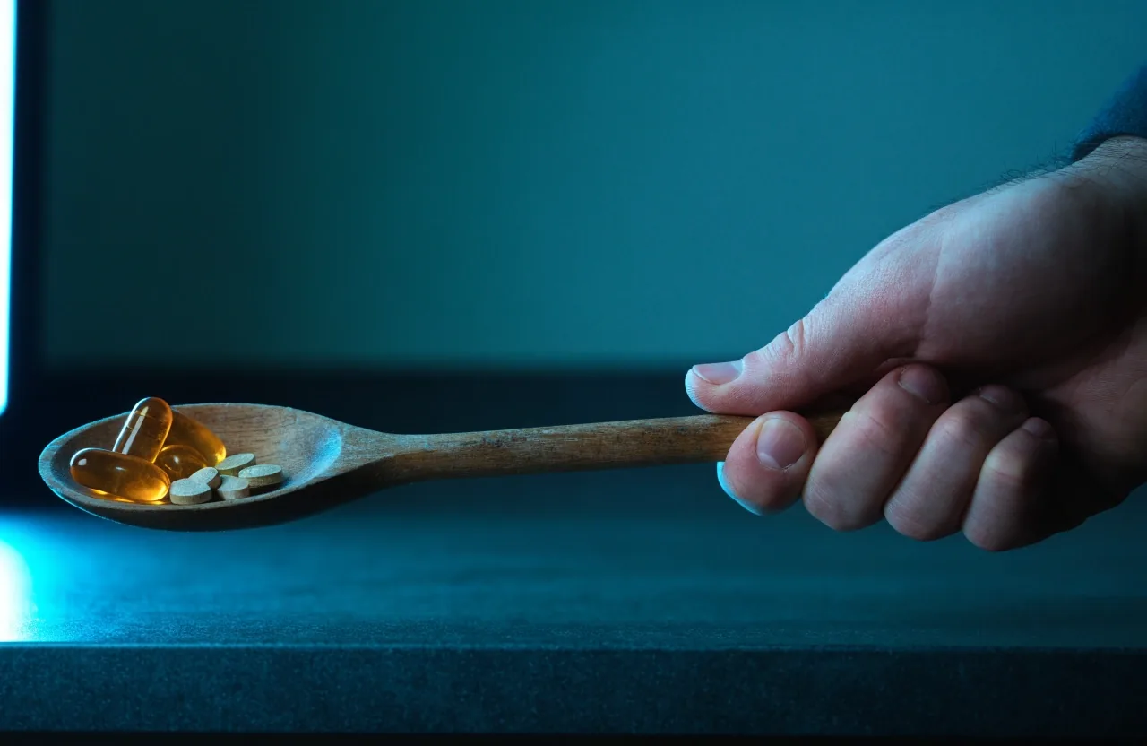 A wooden spoon holding capsules and tablets beside folded uncoated paper on a dim counter