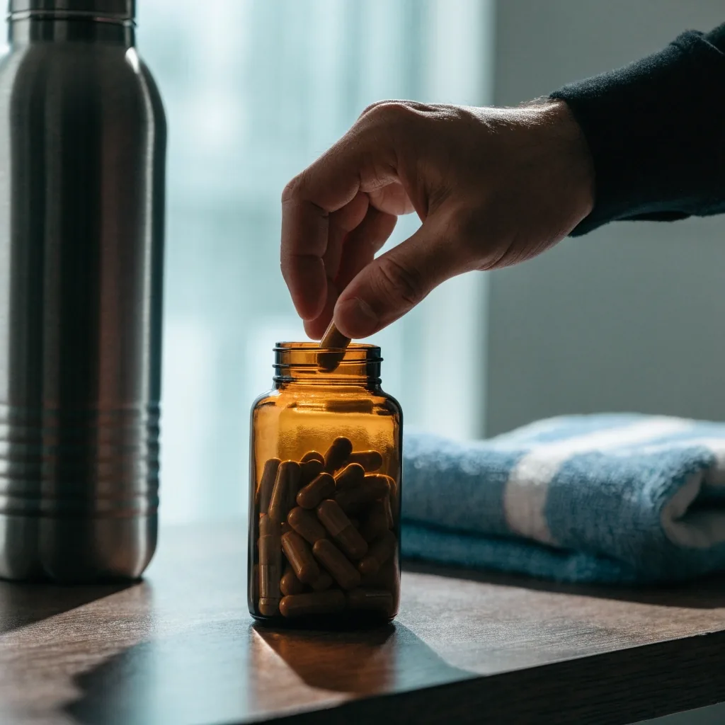 Amber capsules and a steel water bottle resting on a matte emerald tabletop under cool screen light