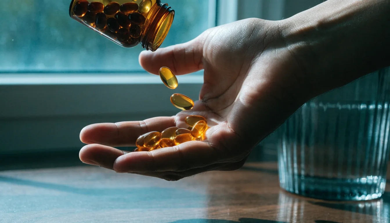 Amber fish-oil capsules on a matte emerald surface beside folded blank paper