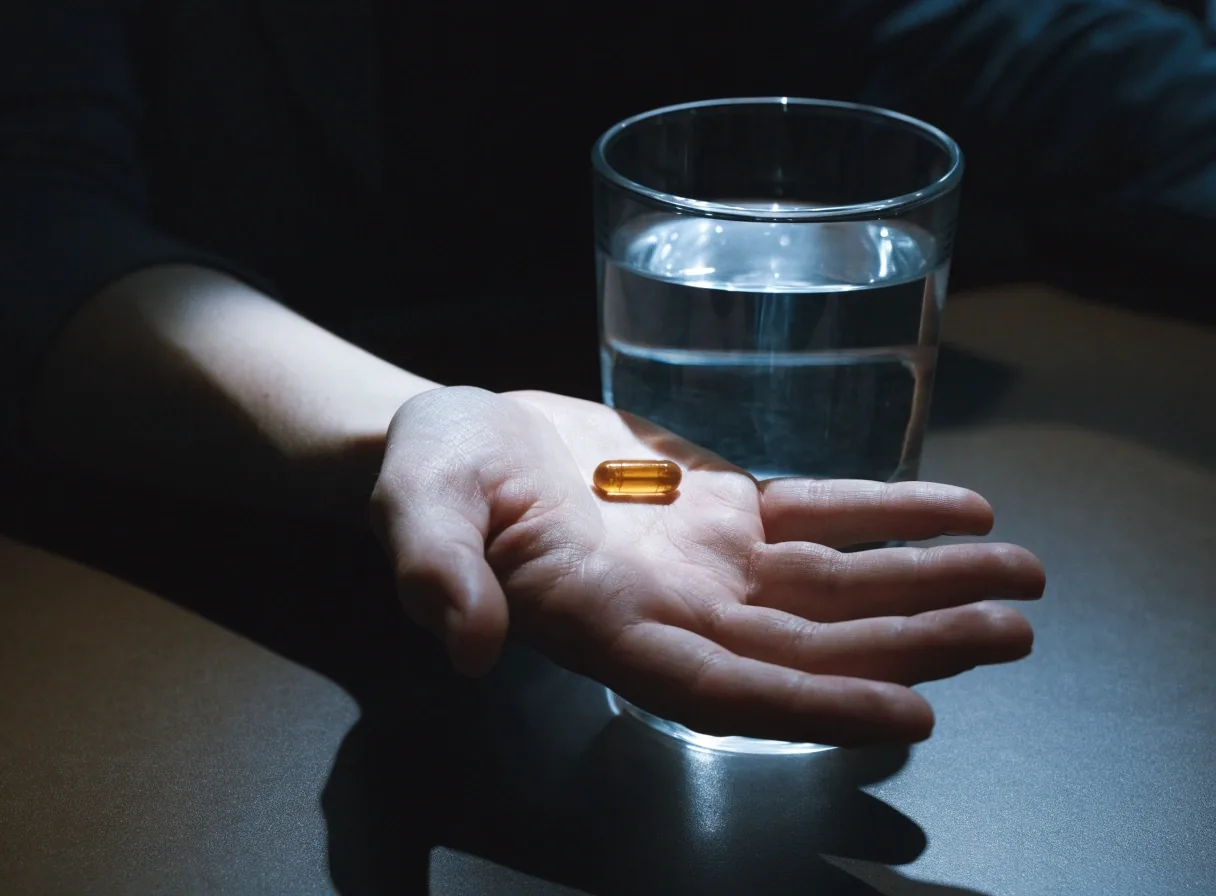 An evening desk scene with a single capsule and a glass of water under cool light