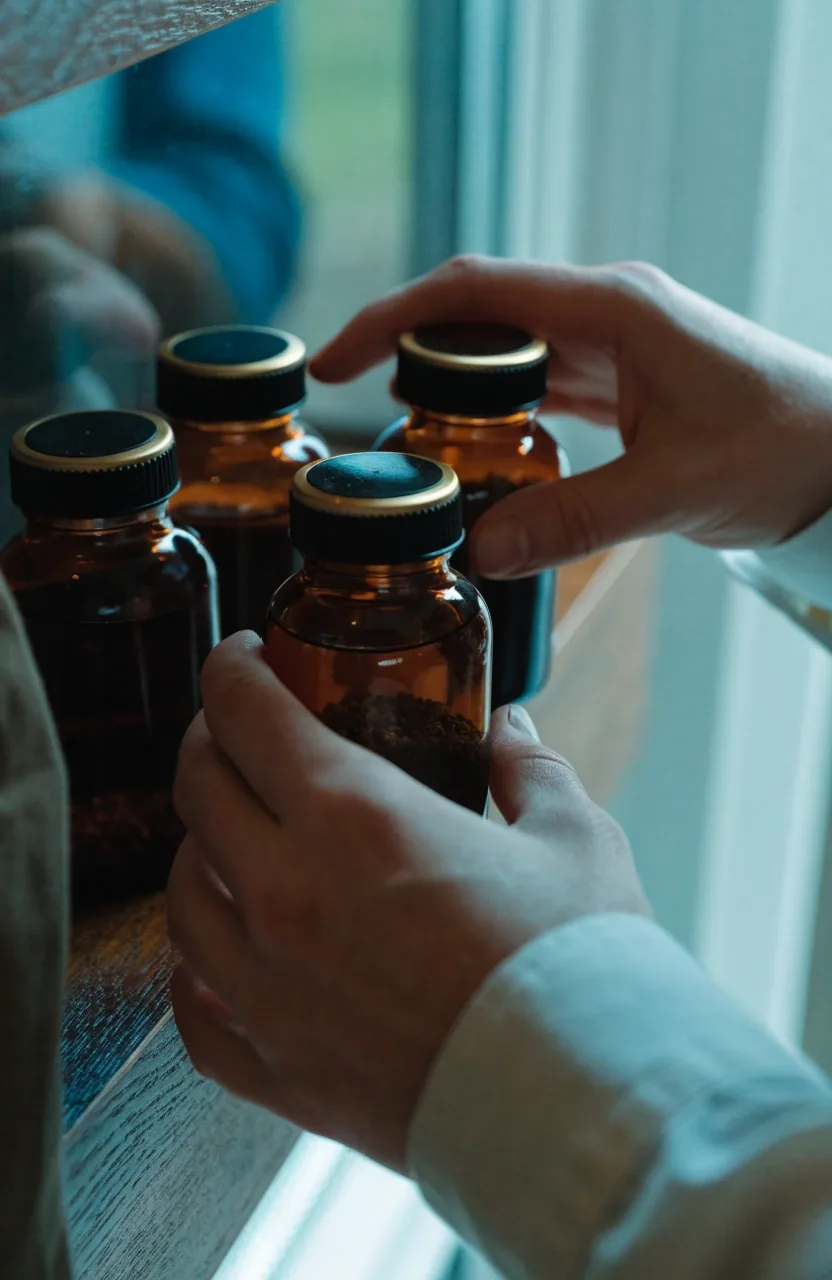 Four unbranded amber-glass supplement bottles arranged on a matte emerald table