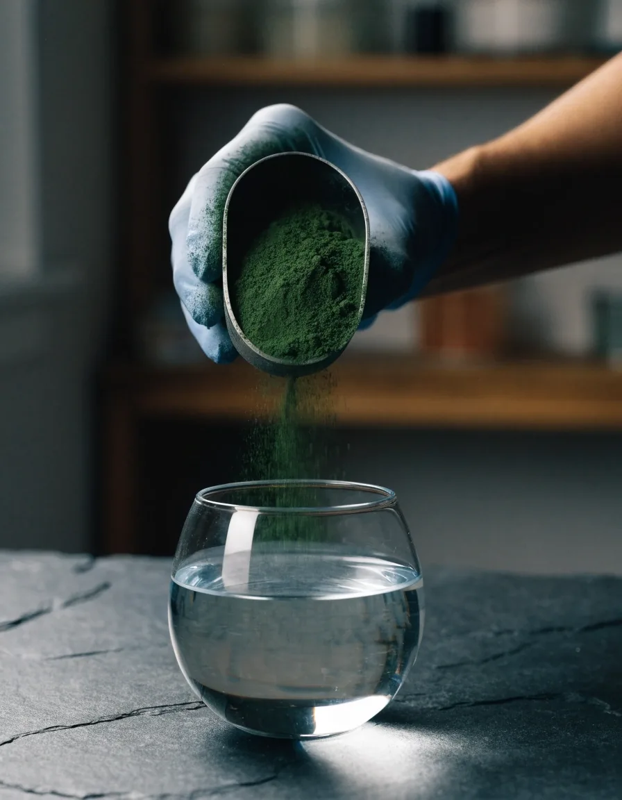 Green powder being poured from a paper scoop into a glass of water on a matte emerald counter