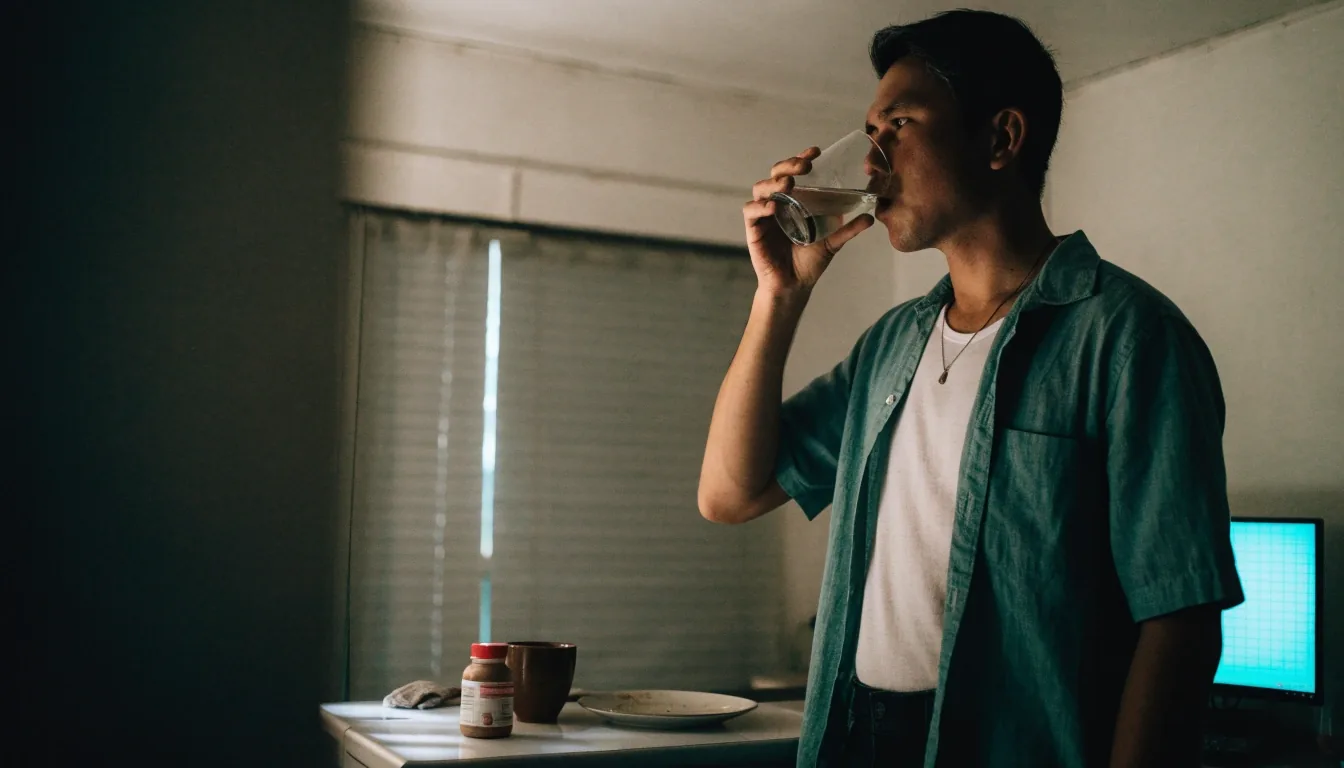 A man drinking a glass of water in a dim kitchen before dawn with a small supplement bottle on the counter