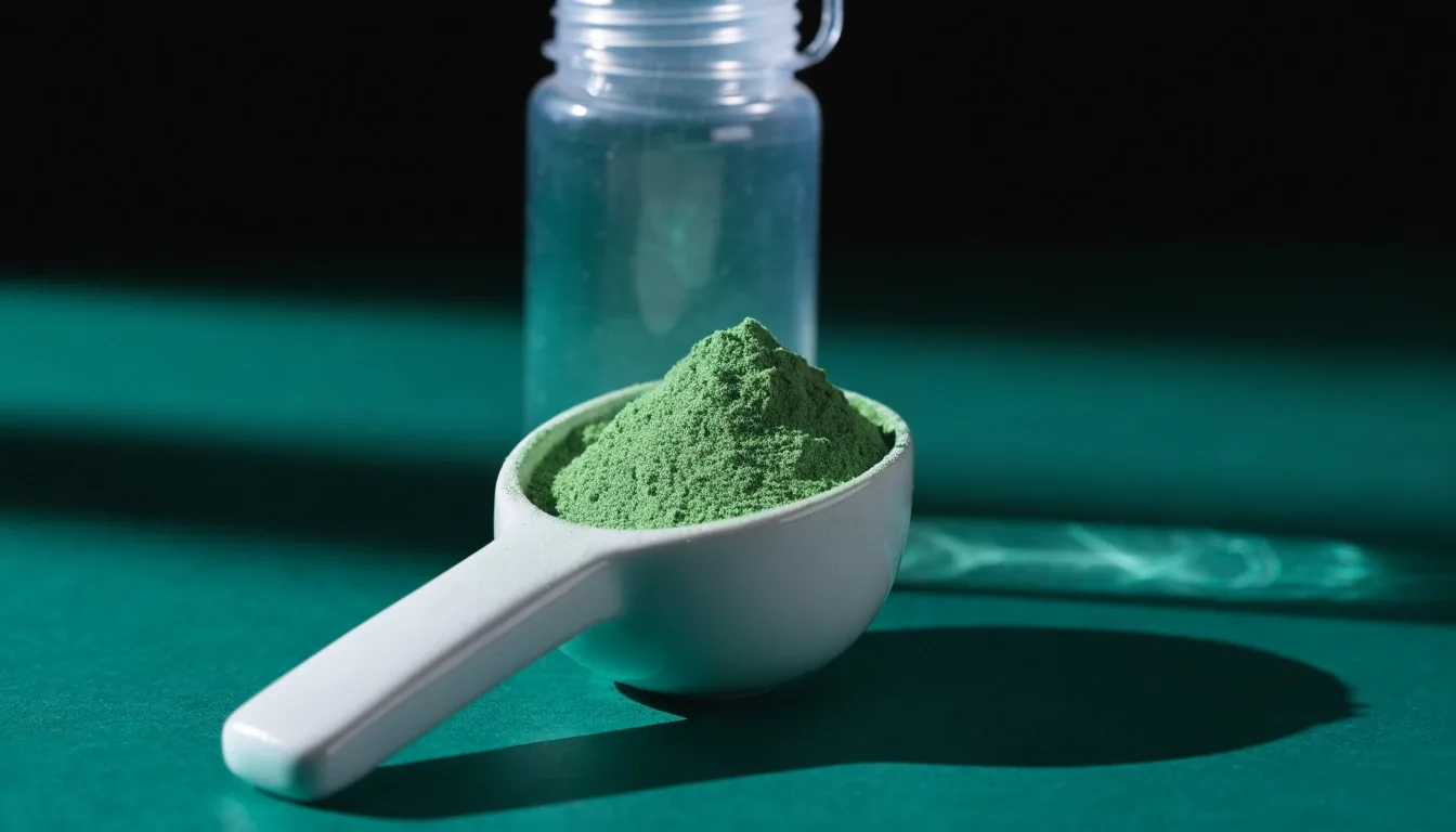 A scoop of fine green powder on a deep emerald surface with a shaker bottle behind it