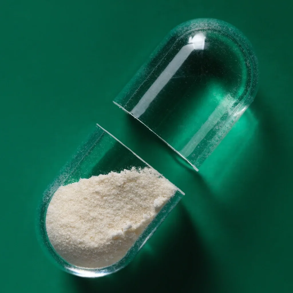 Macro of a capsule split into two halves showing powdered fill