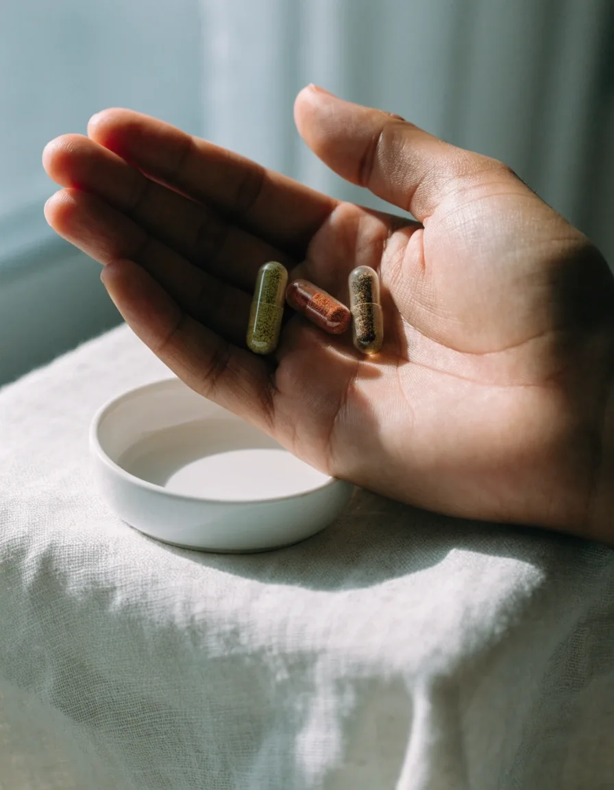 Three capsules resting on uncoated paper under cool light