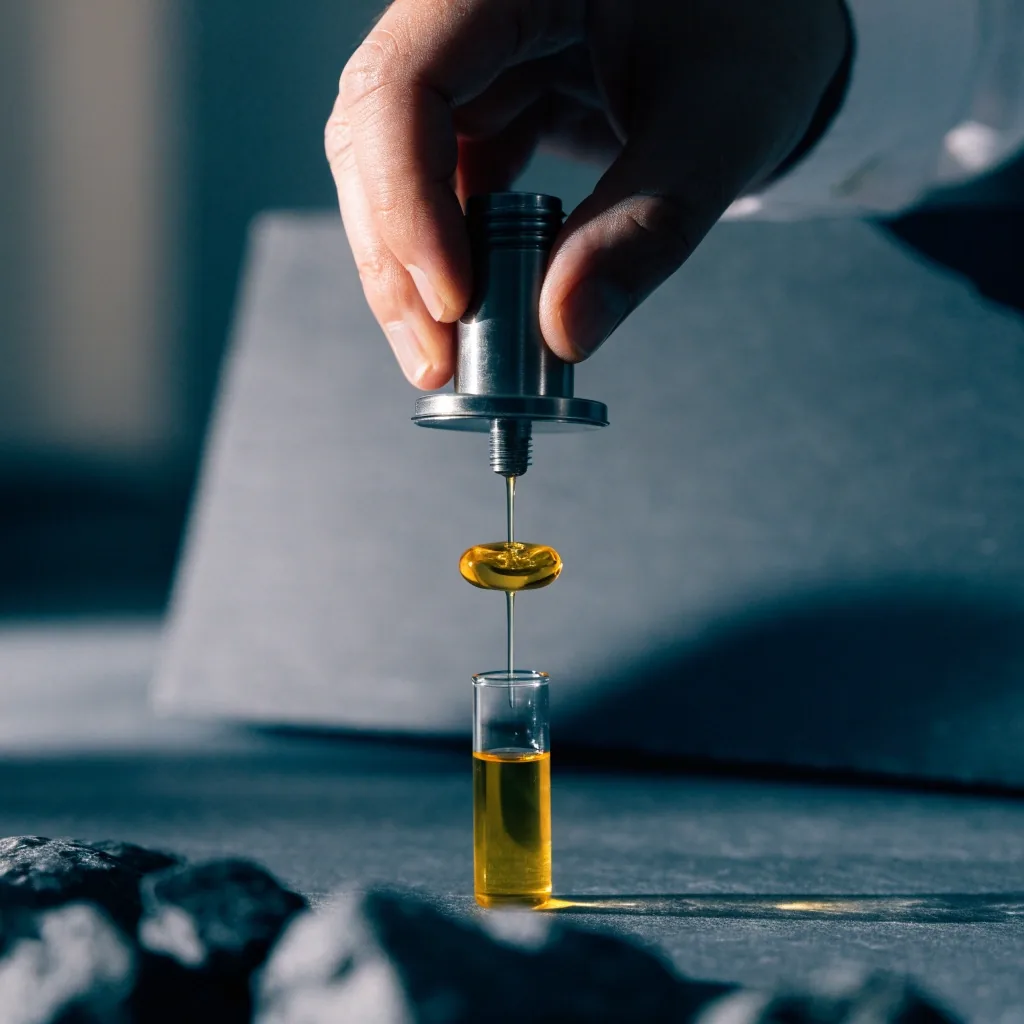 Two soft-gel omega-3 capsules on a dark slate plate, one opened showing golden oil