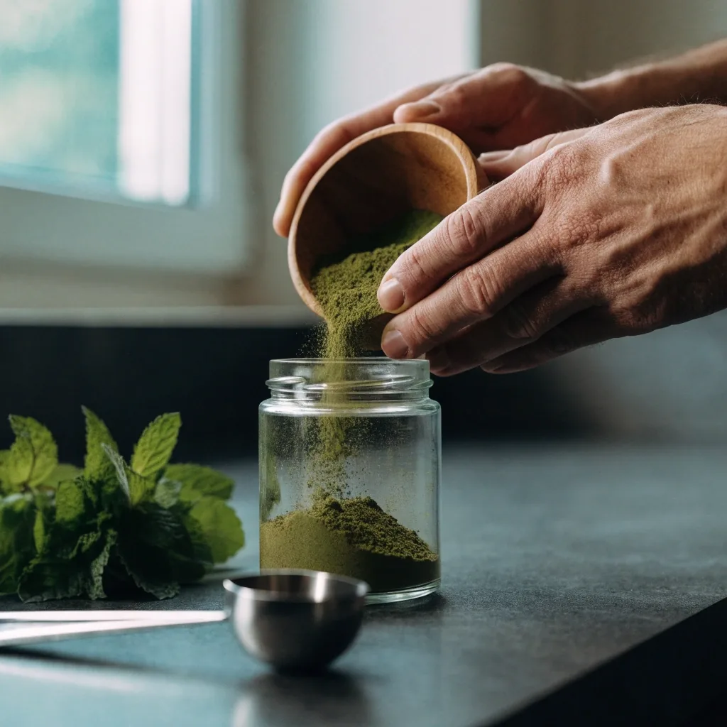 Wooden spoon holding green plant powder beside blank uncoated paper
