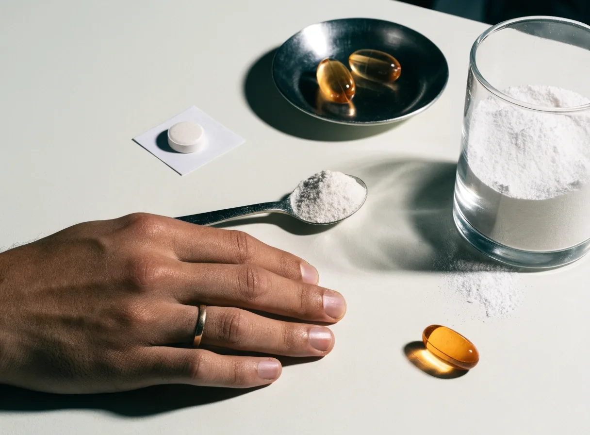 Four men's supplement formats arranged in a row on a paper-white table under cool studio light